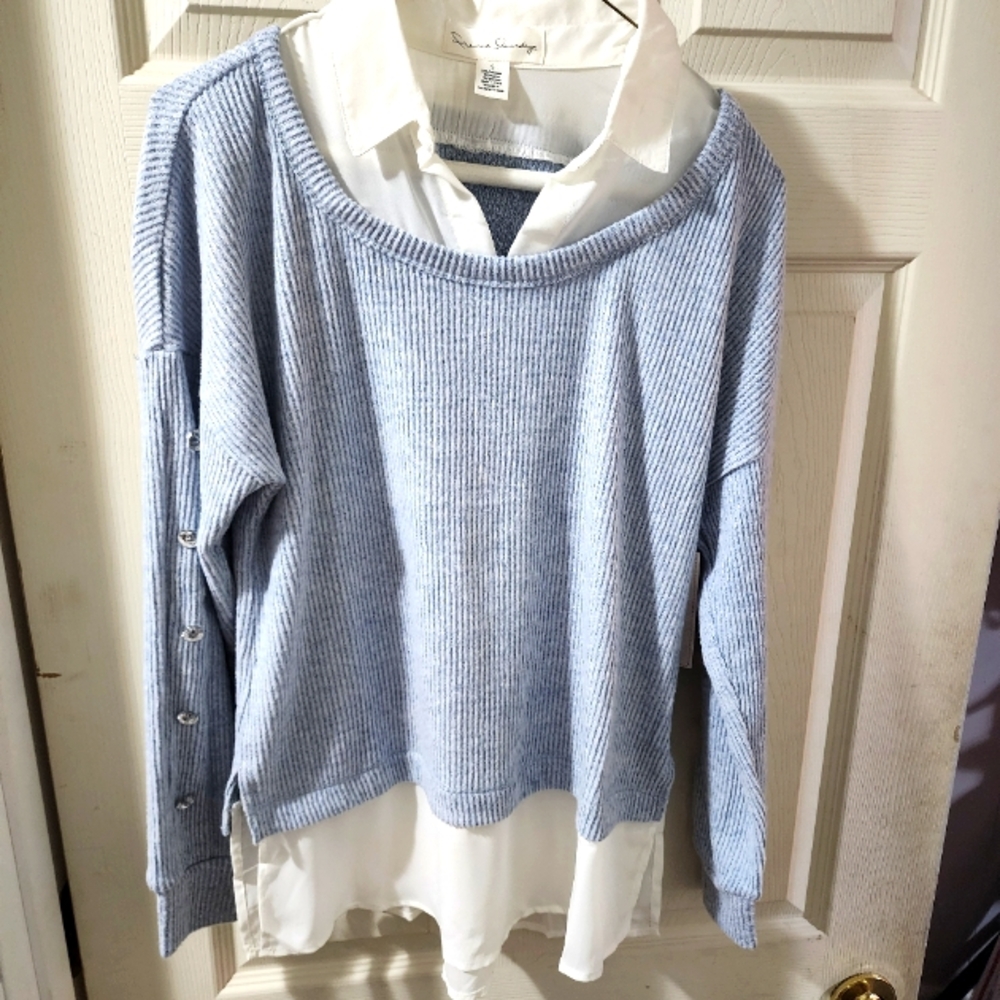 French Laundry NWT 2fer blue/white brushed knit top; Size S
